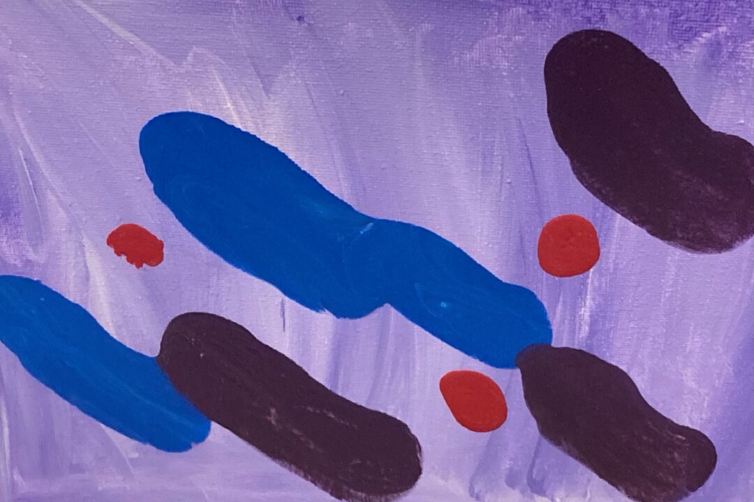 Abstract painting with blue and black shapes on a purple background.